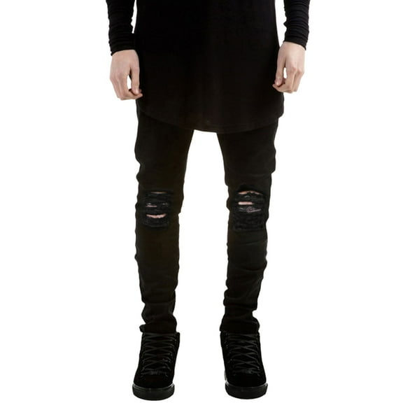Defitshape Men's Ripped Jeans Destroyed Tapered Leg Skinny Demin Pants Stretch Distressed Black 36W x 32L
