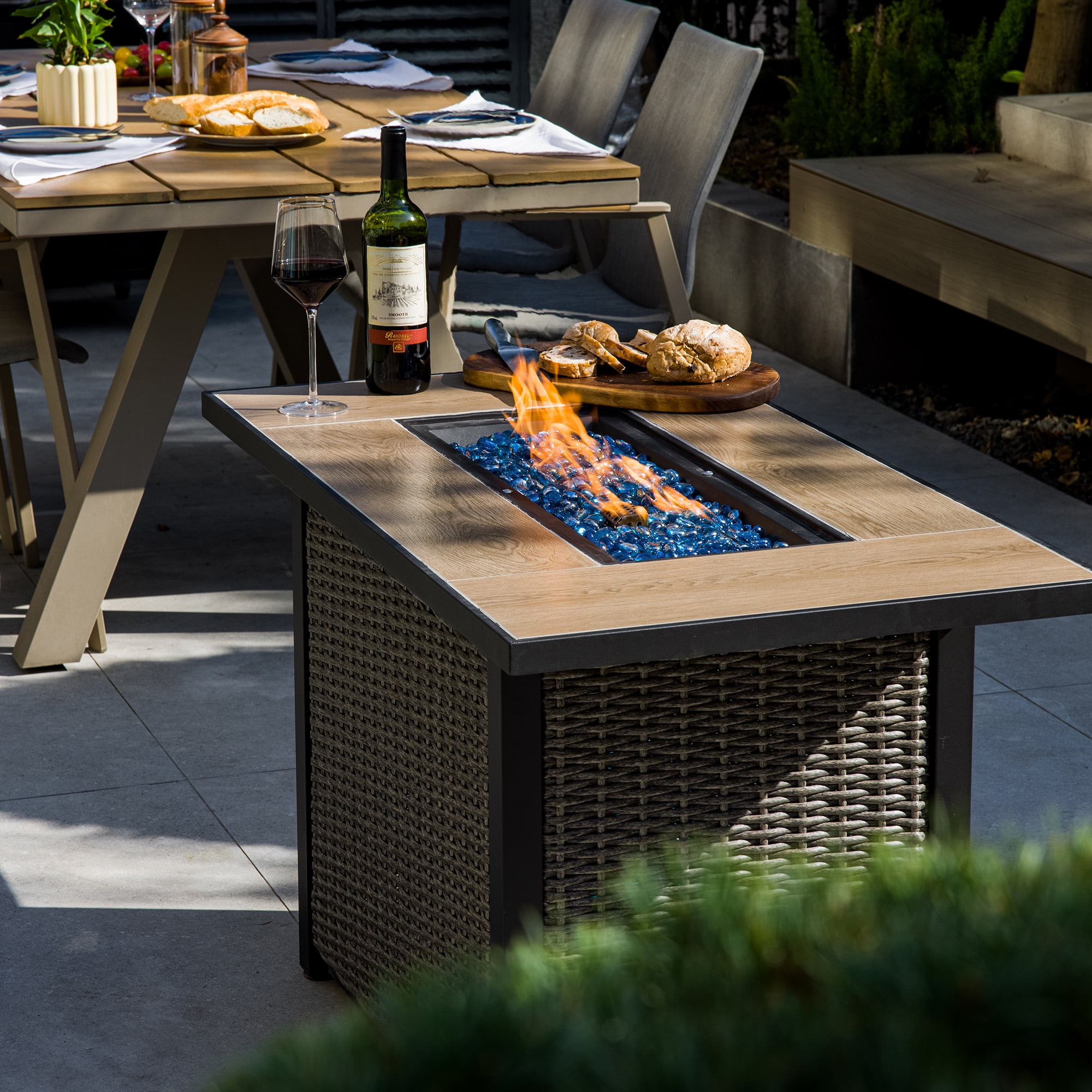 OuterMust 42”Outdoor Propane Fire Pit Table, 50,000 BTU Gas Hand-Woven Rattan Fire Pit with Lid & Blue Glass Bead for Patio Deck Garden
