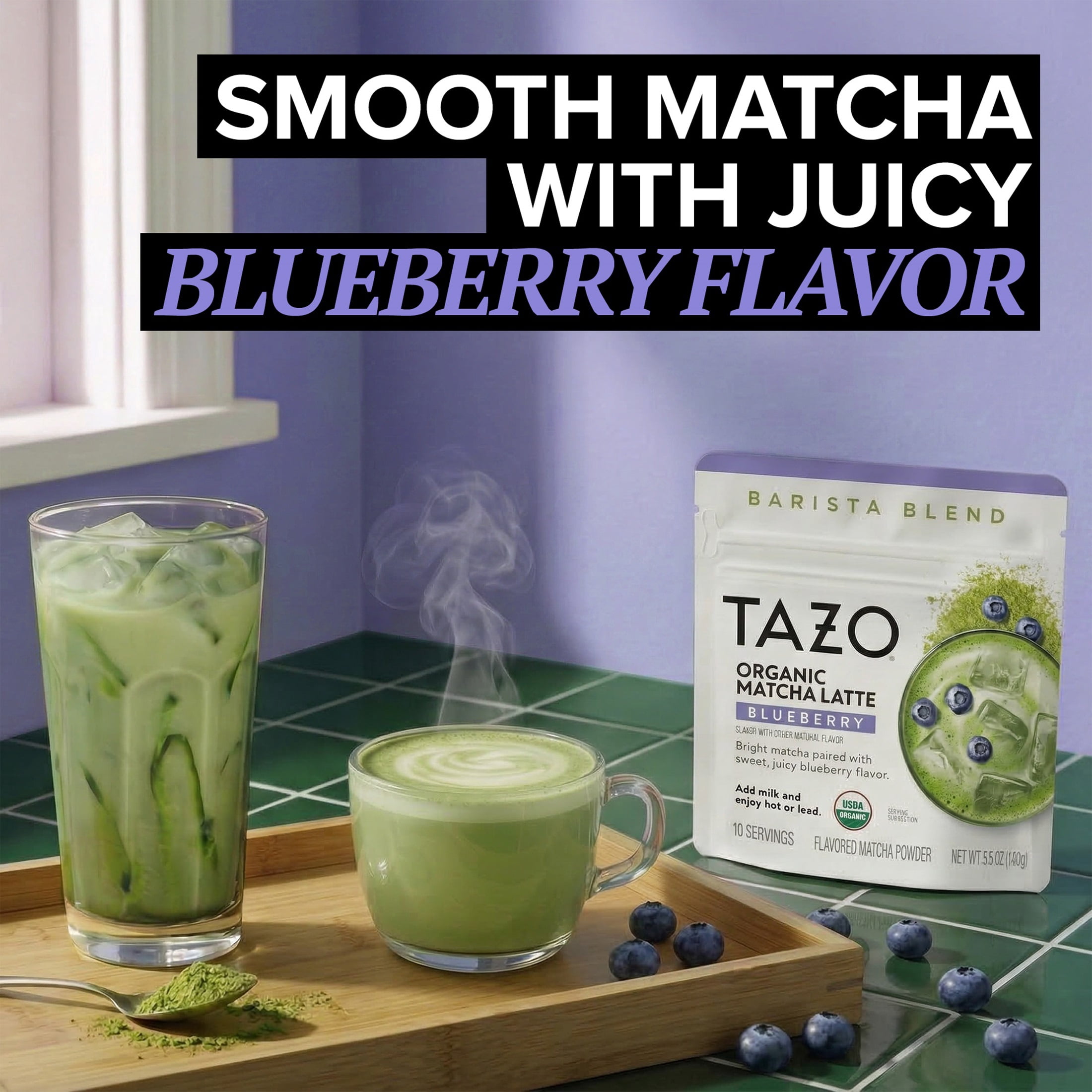 TAZO Organic Blueberry Matcha Latte Powder with 10 Servings, 3.5 oz