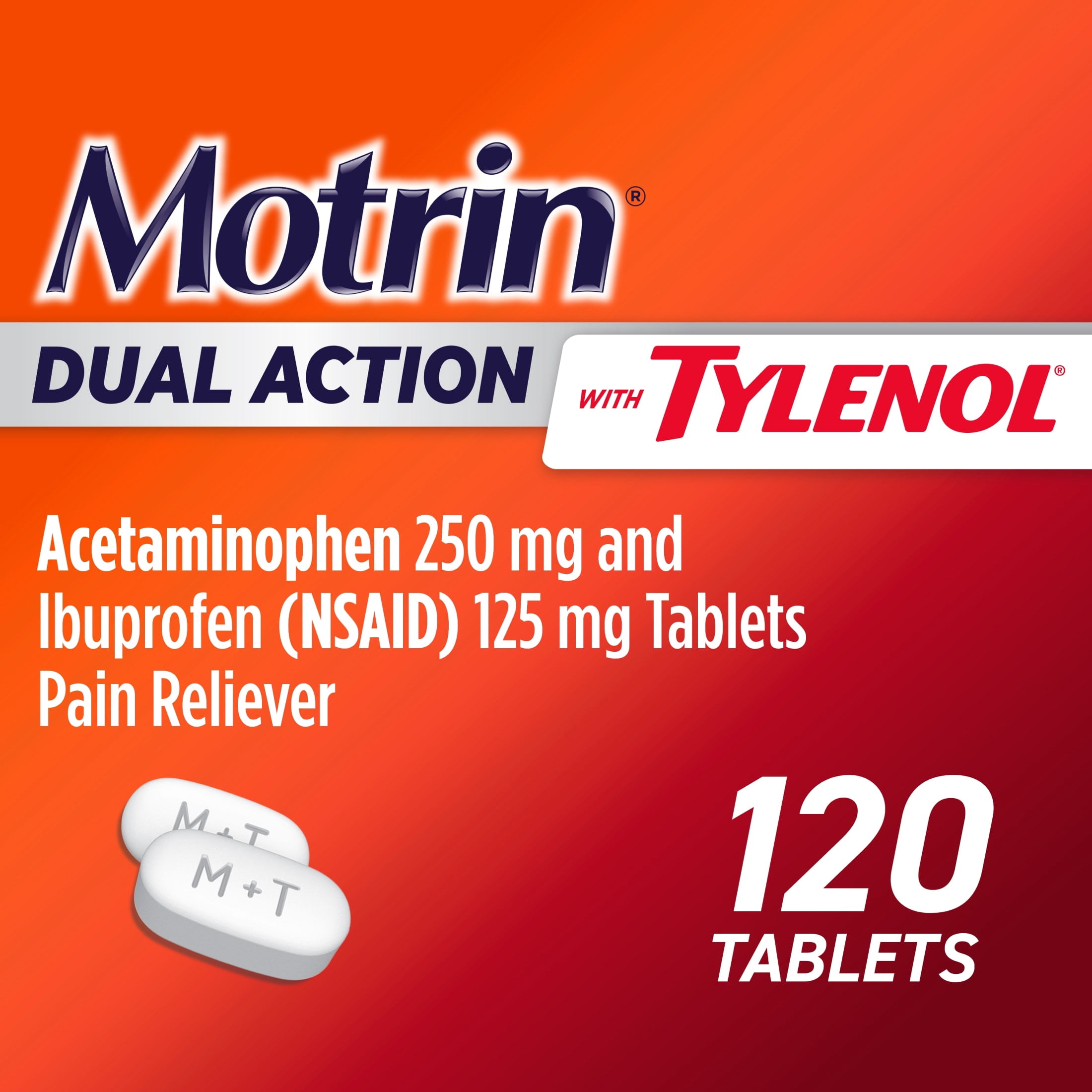 (3 pack) Motrin Dual Action with Tylenol, Ibuprofen & Acetaminophen, Value Size, 120 Count