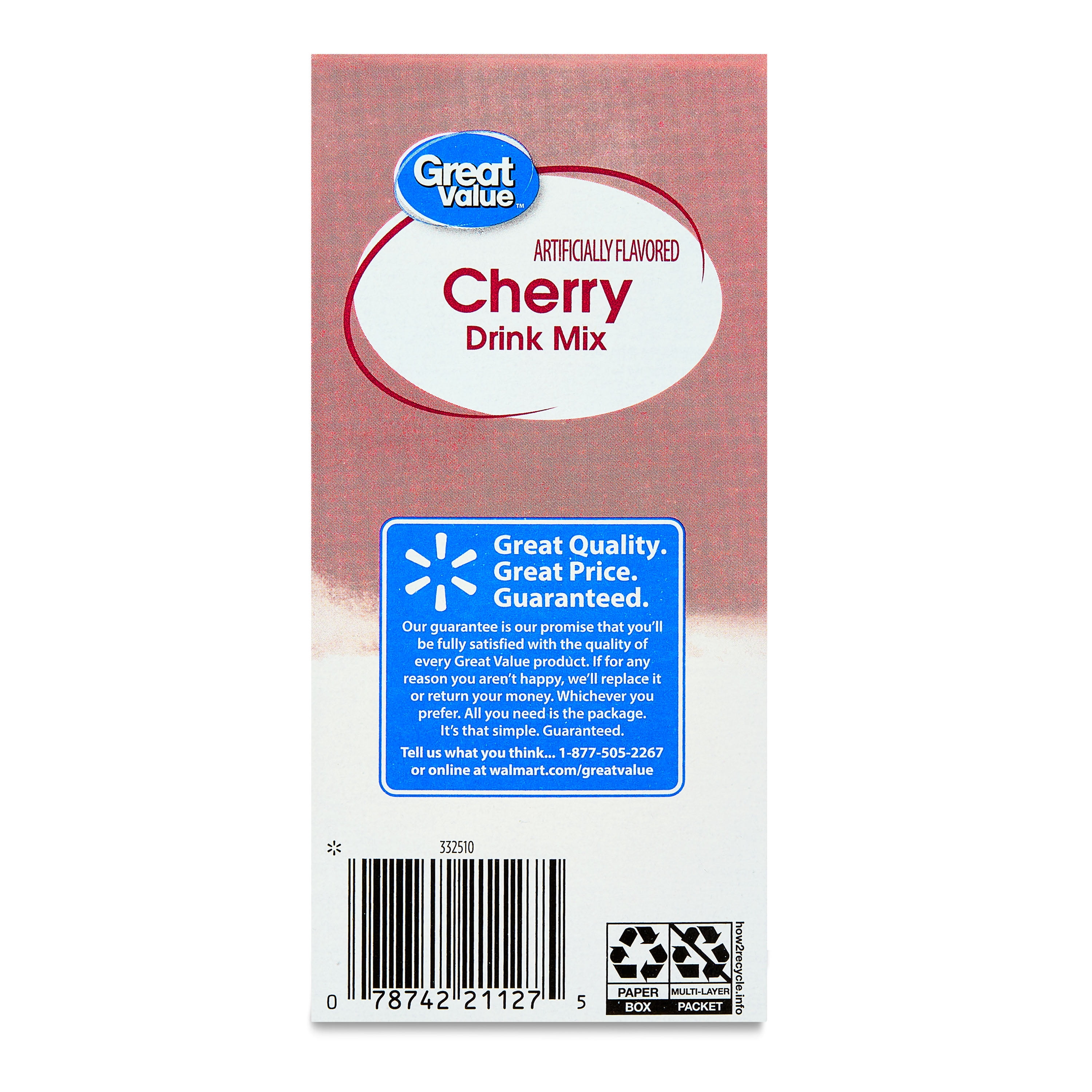 Great Value Sugar-Free Cherry Powder Drink Mix, 1.9 oz, 6 Count