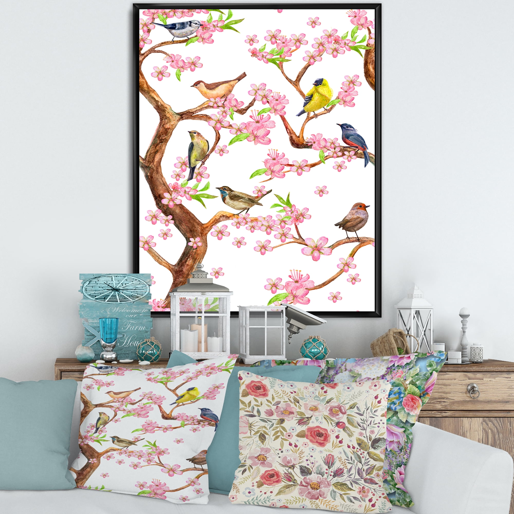 Designart 'Colorful Little Birds On Spring Flowers Tree' Traditional Framed Canvas Wall Art Print