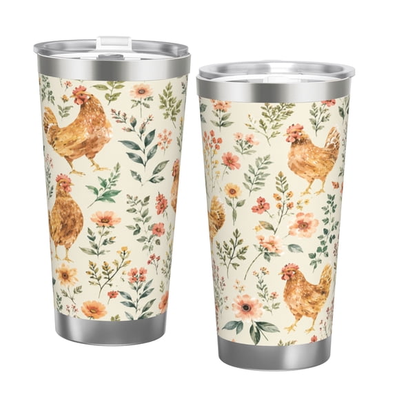 20oz Floral Chicken Tumbler with Handle and Straw Stainless Steel Insulated Travel Coffee Cup Farmhouse Gift with Double Silver Rim