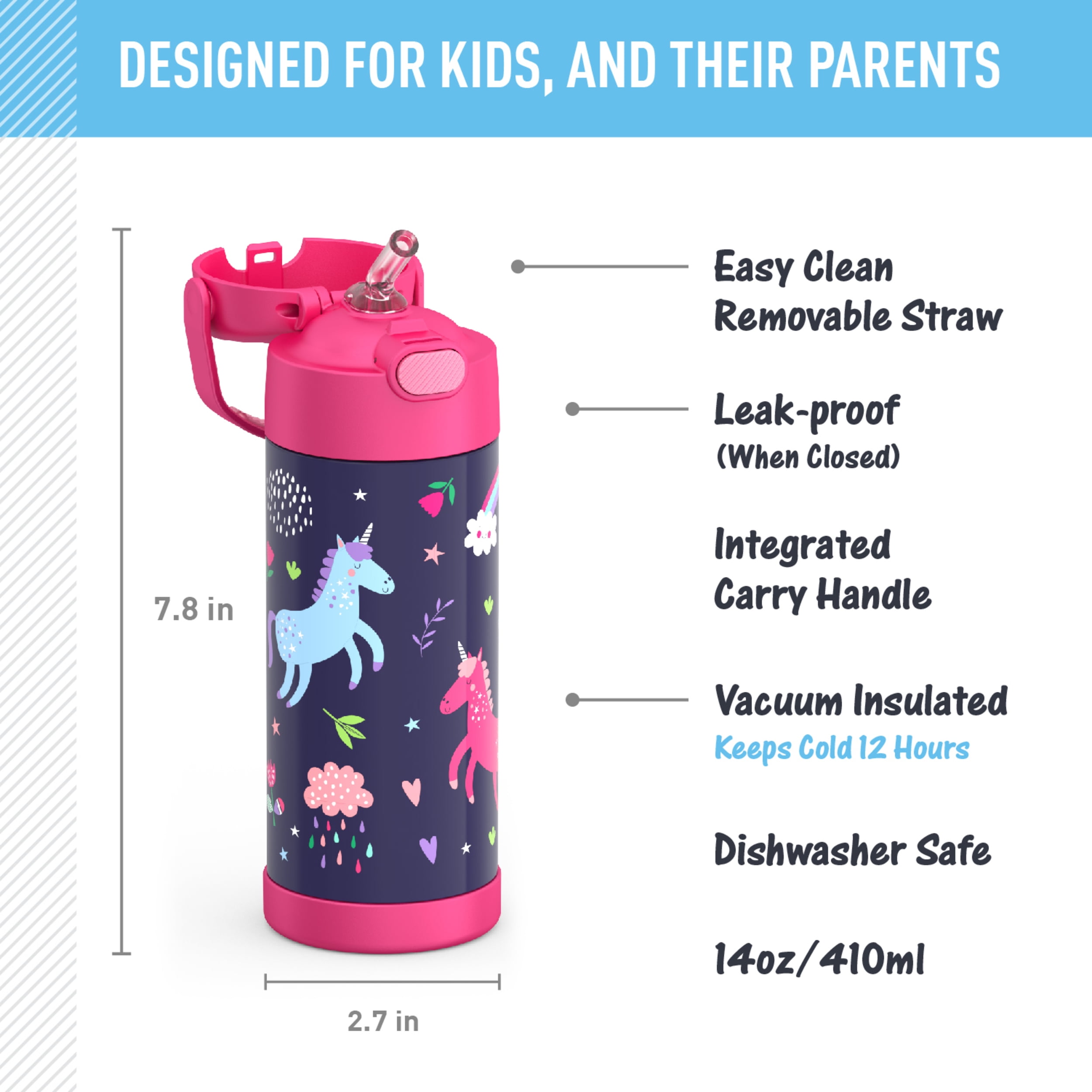 Thermos Kids Stainless Steel Funtainer Water Bottle with Straw, Dishwasher Safe, Leak Proof, Unicorn, 14 oz