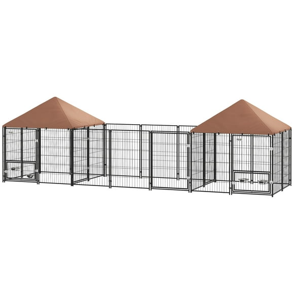 PawHut Dual-Room Outdoor Dog Kennel | Large Steel & Oxford Cloth Dog Run | Coffee | 194.5" L x 56.3" W | Waterproof UV-Resistant Cover | Adjustable Bowl Rack | Patio & Yard