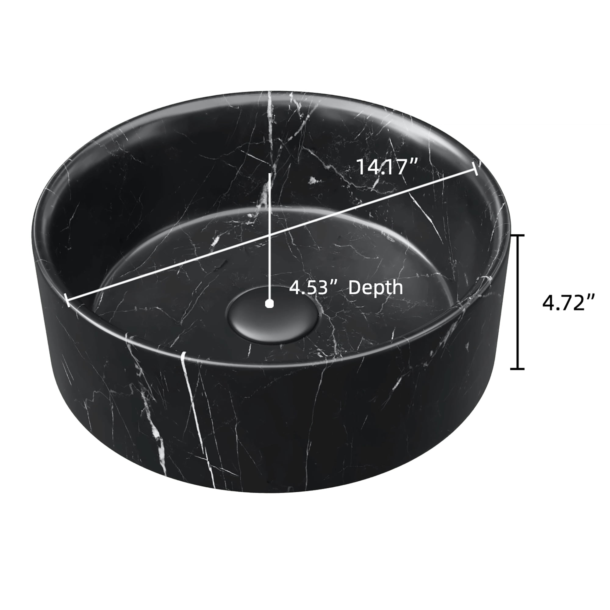 Wohh 14 Inch Round Bathroom Sink with Stone Pattern, Small Black Ceramic Integrated Countertop Vessel Sink, 14.17 x 4.72 Inch Durable Porcelain Vanity Basin for Home, Office & Commercial Use