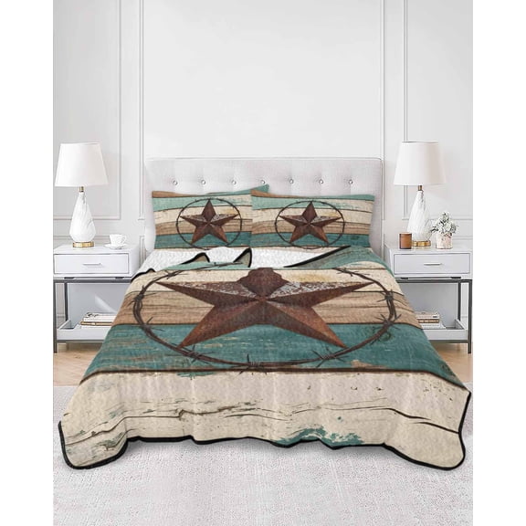 Quilts Twin XL Size, Texas Star Soft Comforter Bedding Set for Bed, Country Teal Brown Farmhouse Wooden Lightweight Quilted Bedspread with Pillow Cover(2 Pieces) for All Season, 68x98 Inch