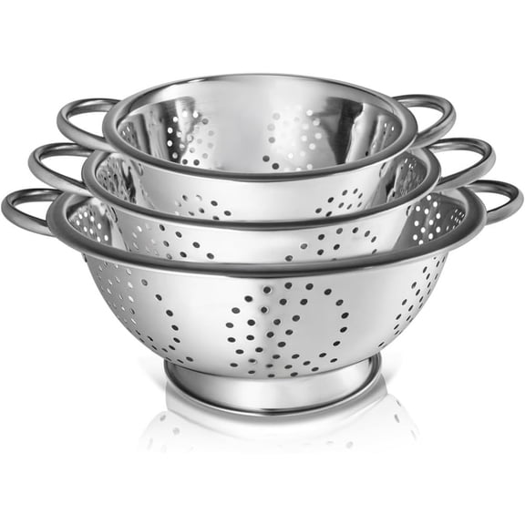 3 Pack Stainless Steel Colanders with Handles- 5 Qt, 3 Qt, 1 Qt, Durable Kitchen Strainers and Colanders Set Ideal, for Pasta Vegetables Food Prep