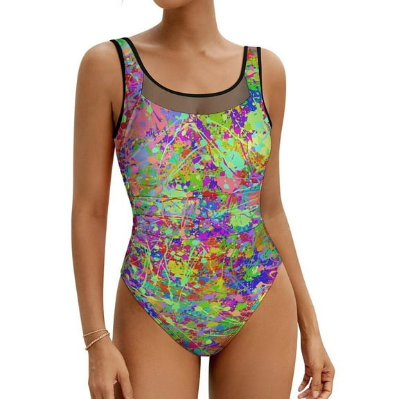 Neon Paint Print Swimsuit Sexy Colorful Swirling One Piece Swimwear Push Up Swimsuits Modern Sport Bathing Suits