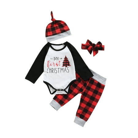 

Sunisery Newborn Baby Boy Girl My First Christmas Outfits Long Sleeve Romper and Plaid Pants with Hat Clothes White Black 6-12 Months