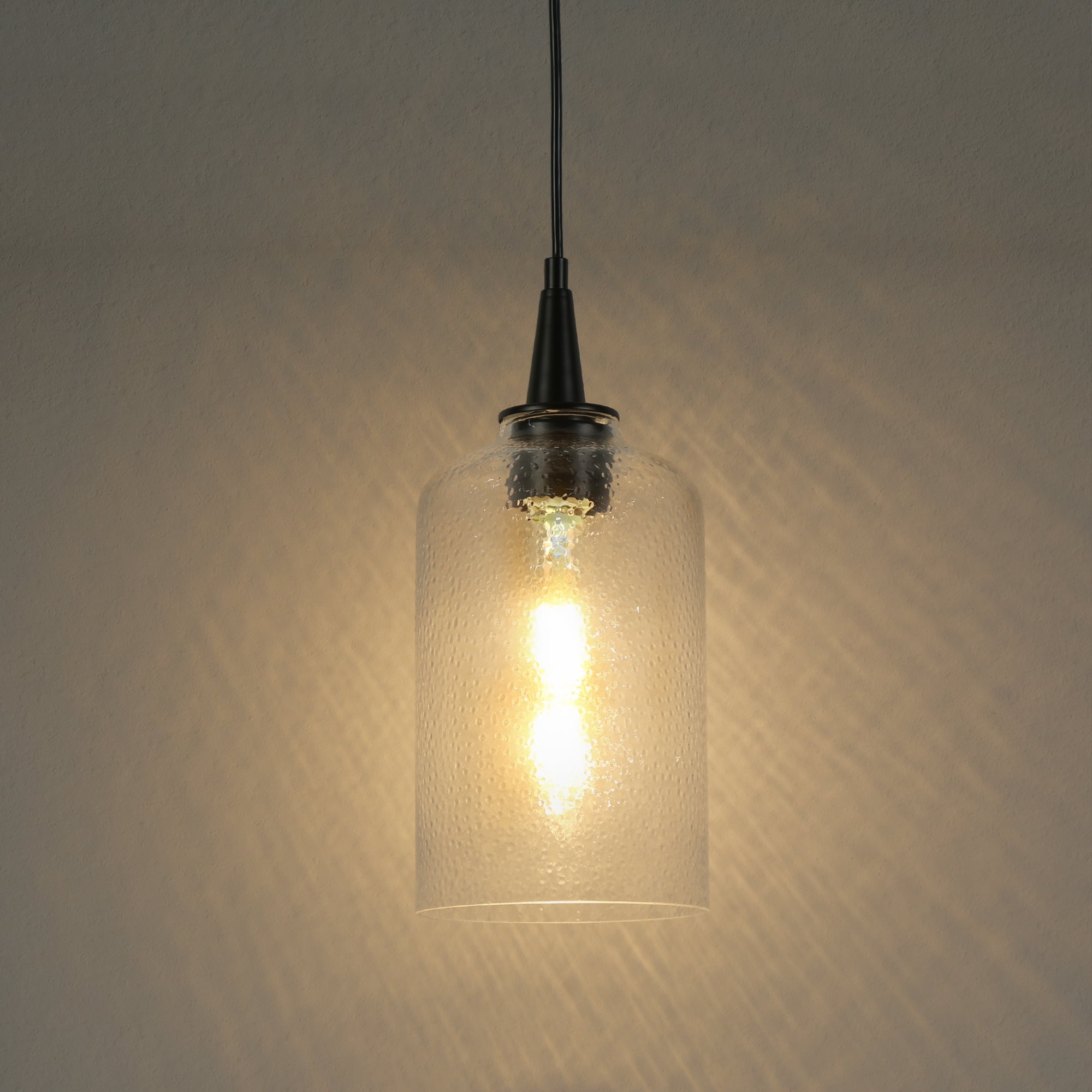 LNC Matte Black Modern/Contemporary Seeded Glass Cylinder LED Mini Hanging Pendant Light