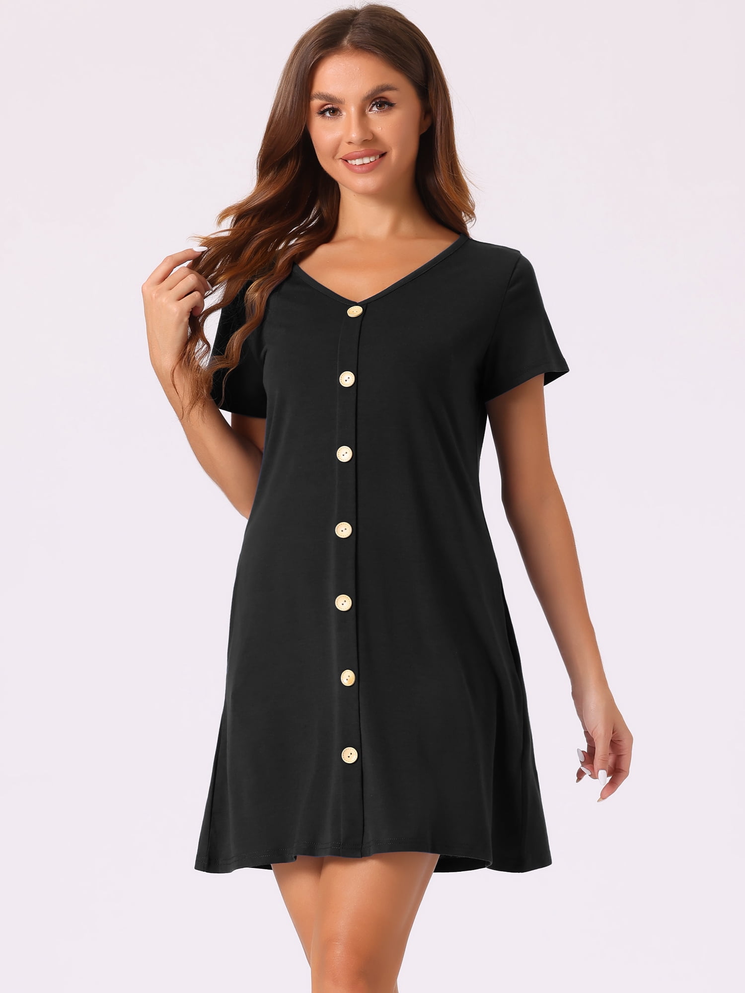 DARING DIVA Women's Button Short Sleeve Soft Short Nightgown S Black