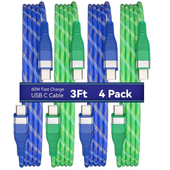 Wellooch 3ft 60W USB-C to USB-C Cable, 4-Pack (2 Blue & 2 Green) - Tangle-Free Braided Fast Charger Cord