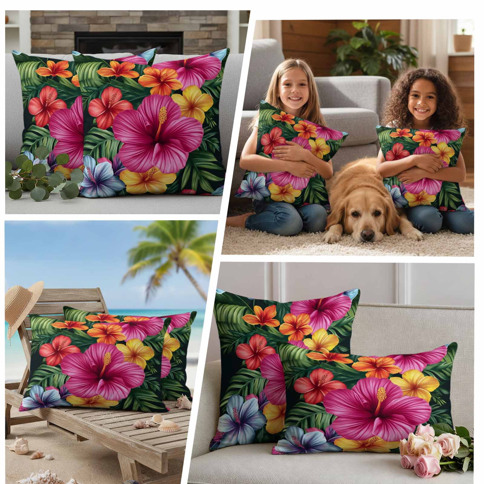 Outdoor Pillow Covers Hibiscus Flower Pink Floral Waterproof Pillow Cases 18x18 Set of 2, Country Watercolor Green Leaves Throw Pillow Cover Pillowcase for Patio Balcony Couch Garden