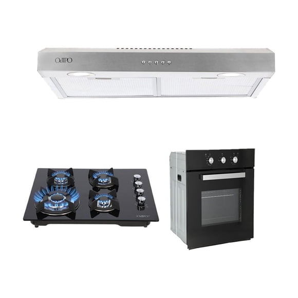 Campana de cocina acero inoxidable 75cm Thory, Parrilla de gas 4 quemadores cristal 60cm Clio, Horno de gas empotrable encendido electrico 65L 60cm Motrix Odipo Thor 75 + Clio + Motrix HORNO GAS