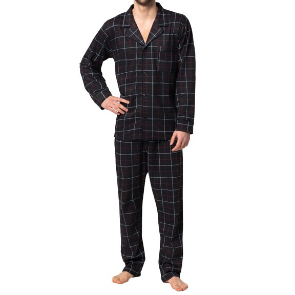 Hanes Men's Pajamas Cotton X-Temp Long Sleeve Shirt & Pants Knit Pjs Lounge Set - Black Grid (X-Large)