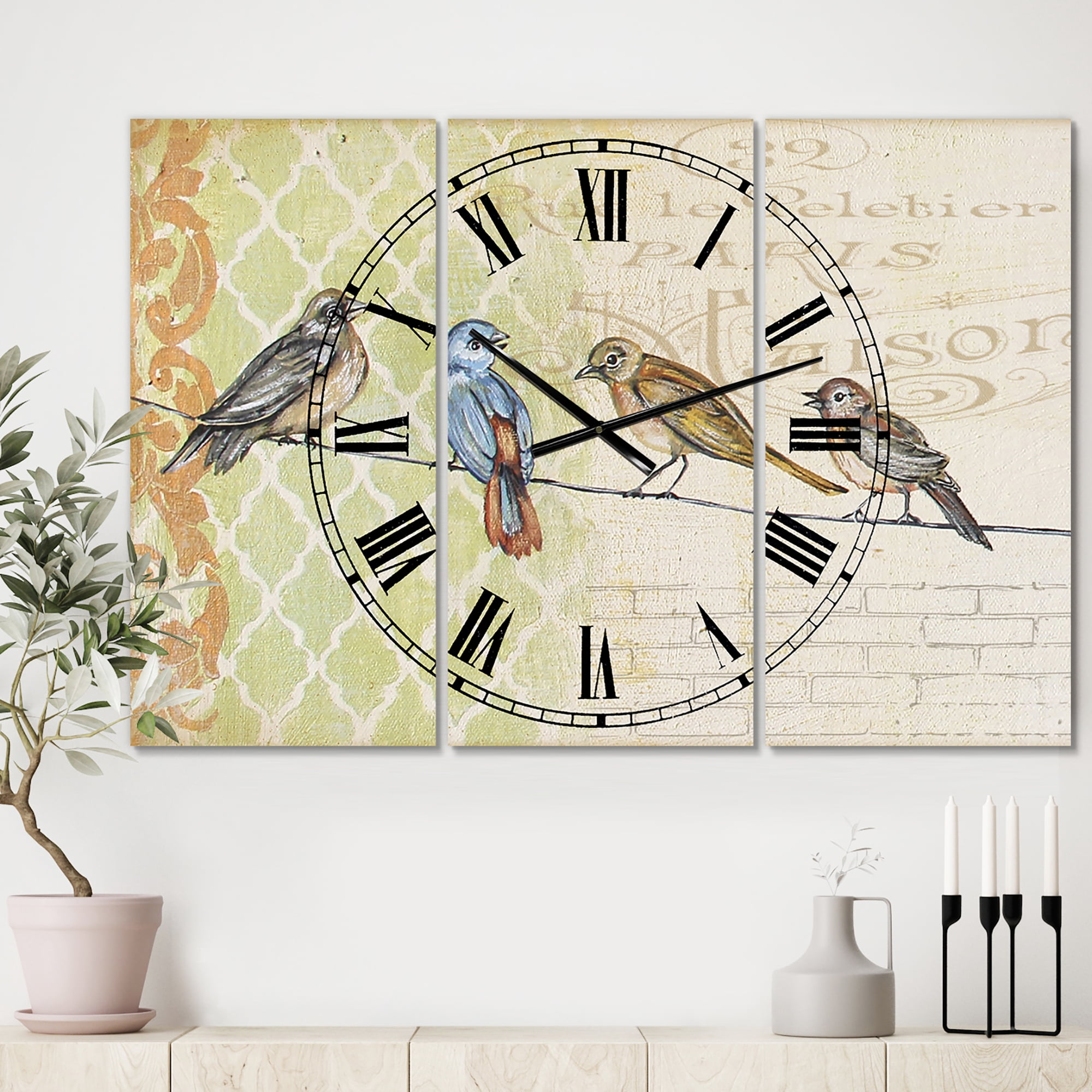 Designart 'Birds Gathered On Wire Paris II' Large Cottage Wall Clock