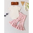 thumbnail image 3 of Bagilaanoe 3pcs Newborn Baby Girl Long Pants Set Letter Print Short Sleeve Romper Tops + Floral Flare Trousers + Headband 6M 12M 18M 24M Infant Casual Outfits, 3 of 9
