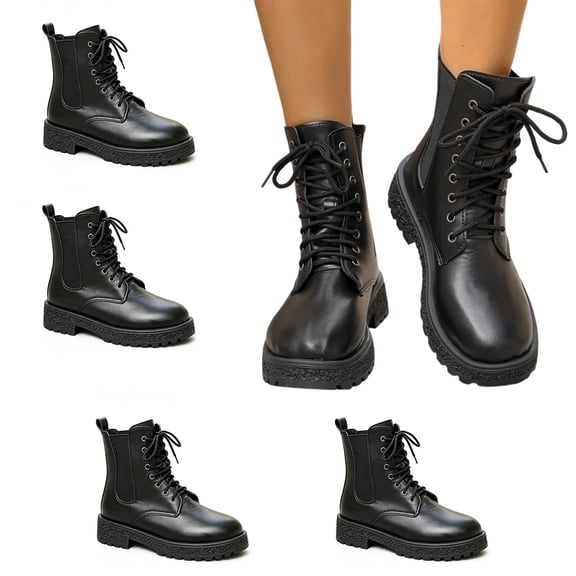 WAVSUF Women's Lace Up Combat Boots Round Toe Arch Support Anti Slip Winter Casual Mid Calf Boots Black 8
