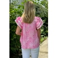 thumbnail image 2 of Women's Pink Abstract Print Flutter Sleeve Notch V Neck Blouse with Ric Rac Trim | [ZhiHiMeRi] | (US 12-14)L, 2 of 12