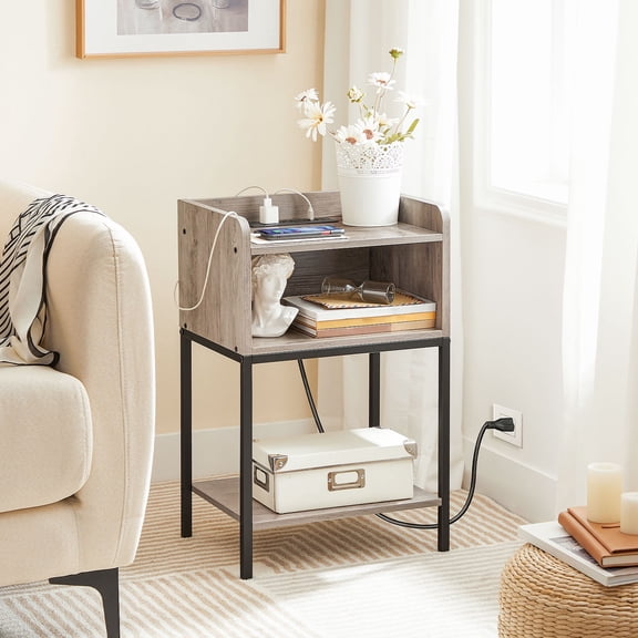 HOOBRO Nightstand with Charging Station & Drawer, Greige