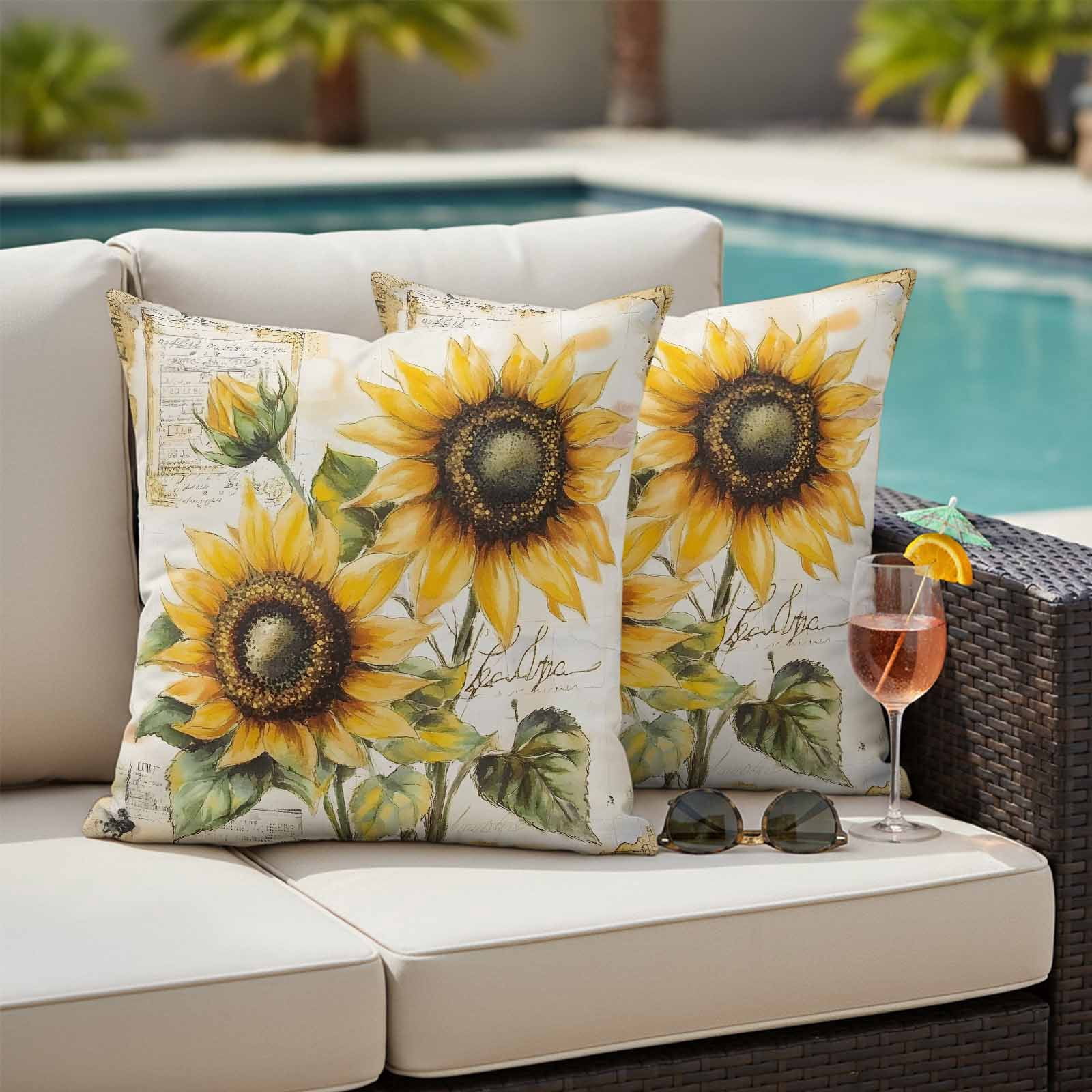 Sunflowers Retro Outdoor Waterproof Pillow Covers, Spring Summer Floral Botanical Decorative Square Throw Pillowcase Sofa Cushion Sham for Patio/Couch/Chair, 20"x20" 2 Pack