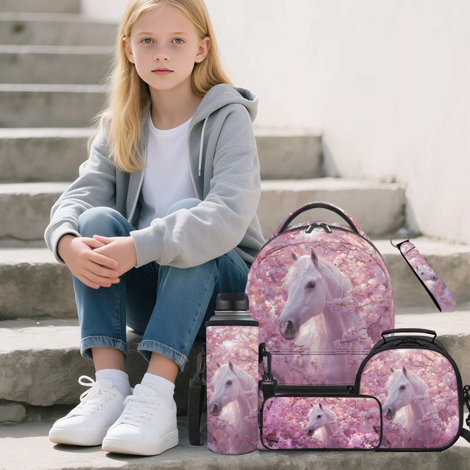 Pzuqiu Cherry Blossom Horse Backpack for Girls 8-10 Kids School Bag with Lunch Box Lightweight School Bookbag for Elementary School 5pcs Kids Backpack Travel Bag