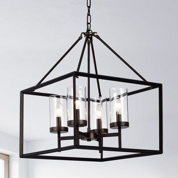 Warehouse of Tiffany Anson Clear Pillar Glass Antique Bronze 4-light Square Chandelier