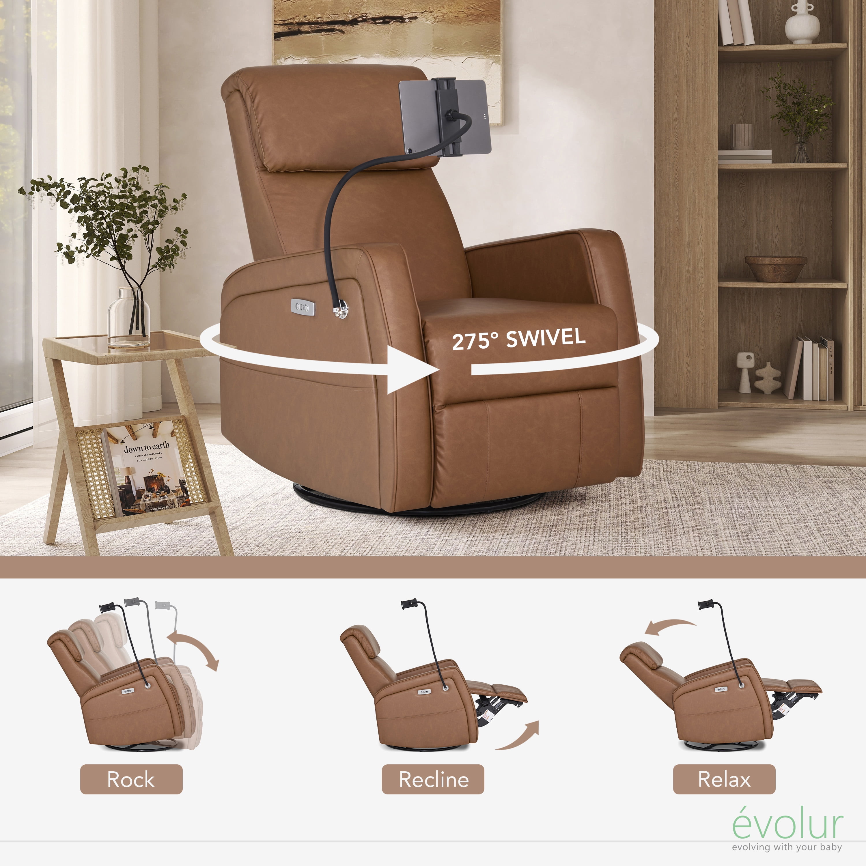 Buybuy BABY by Evolur Maverick Power Recline Glider with Device Holder, Cognac