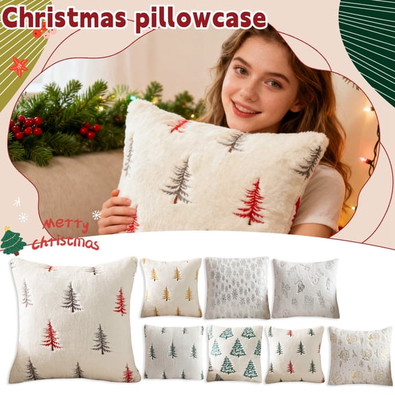 Christmas Throw Pillow Covers, Square Couch Pillows Cover, Christmas Decorative Pillowcases, Embroidered Christmas Trees, Winter Sofa Covers, Plush Pillowcase Decorations(18x18", 8PCS, without core)