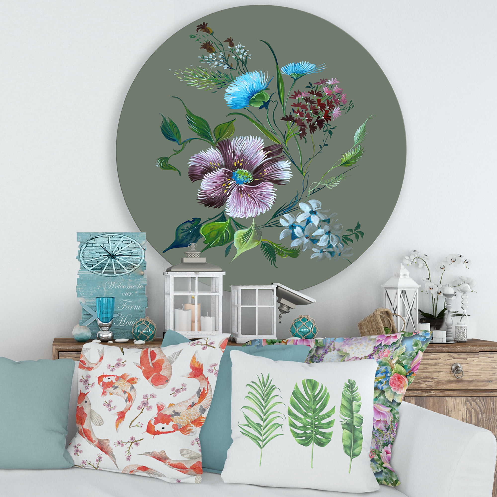 Designart 'Turquoise and Purple Spring Flowers' Traditional Circle Metal Wall Art 36x36 - Disc of 36