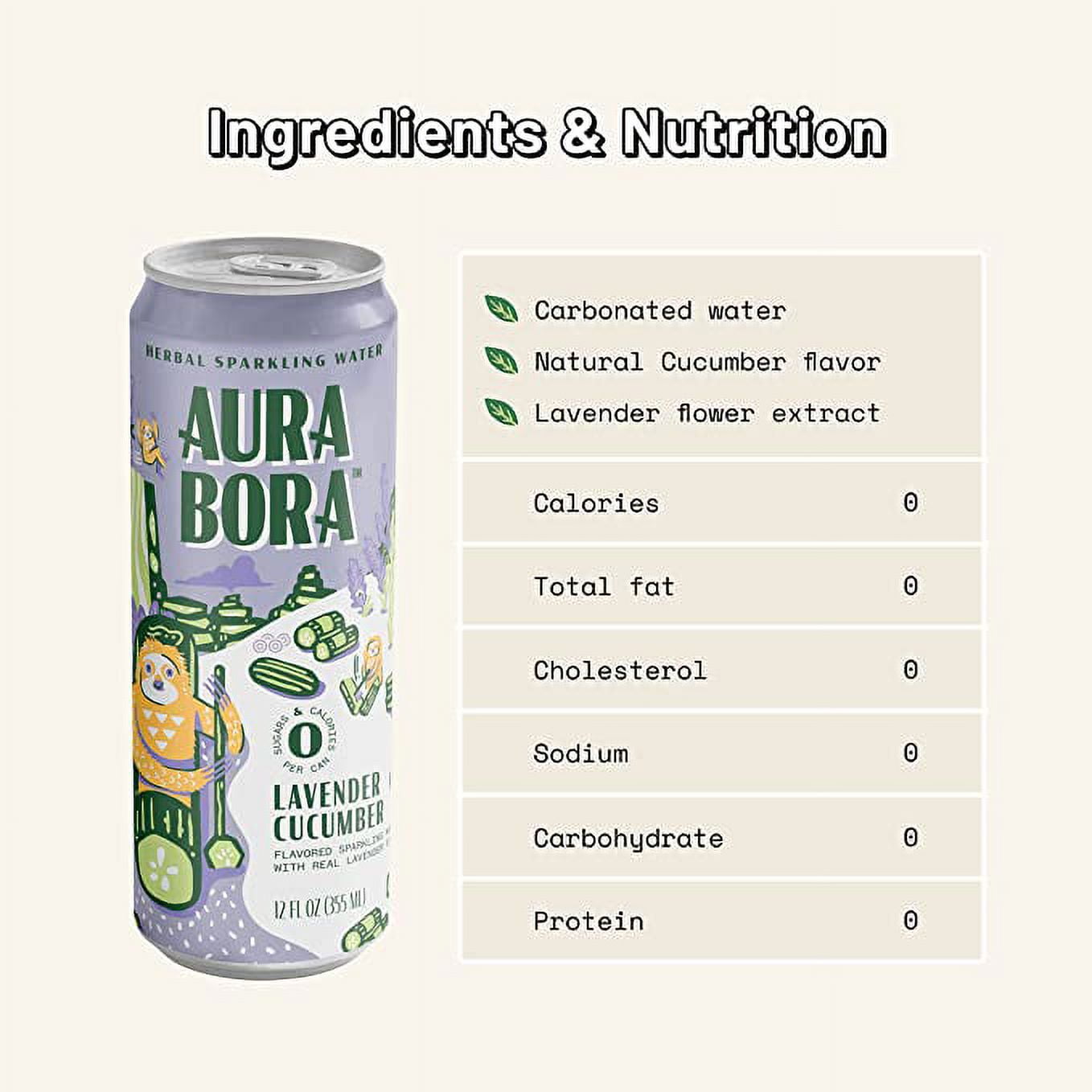 Lavender Cucumber Herbal Sparkling Water by Aura Bora, 0 Calories, 0 Sugar, 0 Sodium, Non-GMO, 12 oz Can (Pack of 12)