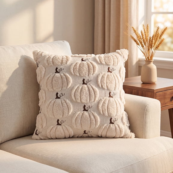 Fall Pumpkin Throw Pillow Cover, Embossed Fuzzy Plush Pumpkin Cushion Case, Cream Beige Thanksgiving Autumn Home Sofa Couch Decorative Pillow Cover