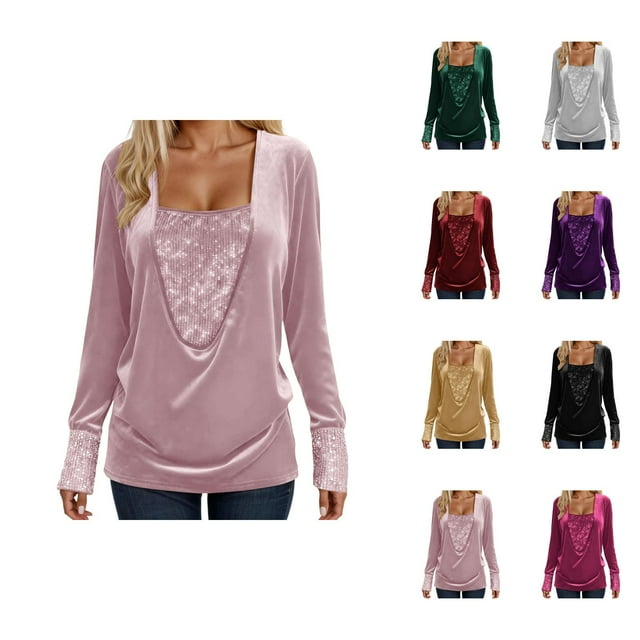 Hauts Scintillants pour Femmes Printemps 2026 Mode Y2K Manches Longues Col en V Velours Ample Patchwork T-Shirts Tenue Rave
