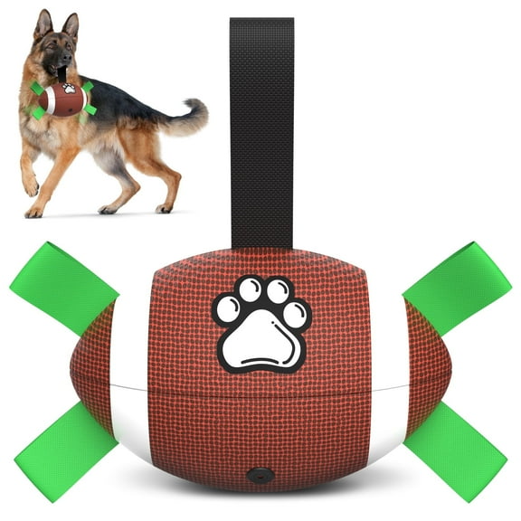 QDAN Durable Dog Toys Football with Nylon Straps Hand Pump Rugby Ball for Puppies Small Medium Large Dogs, Brown