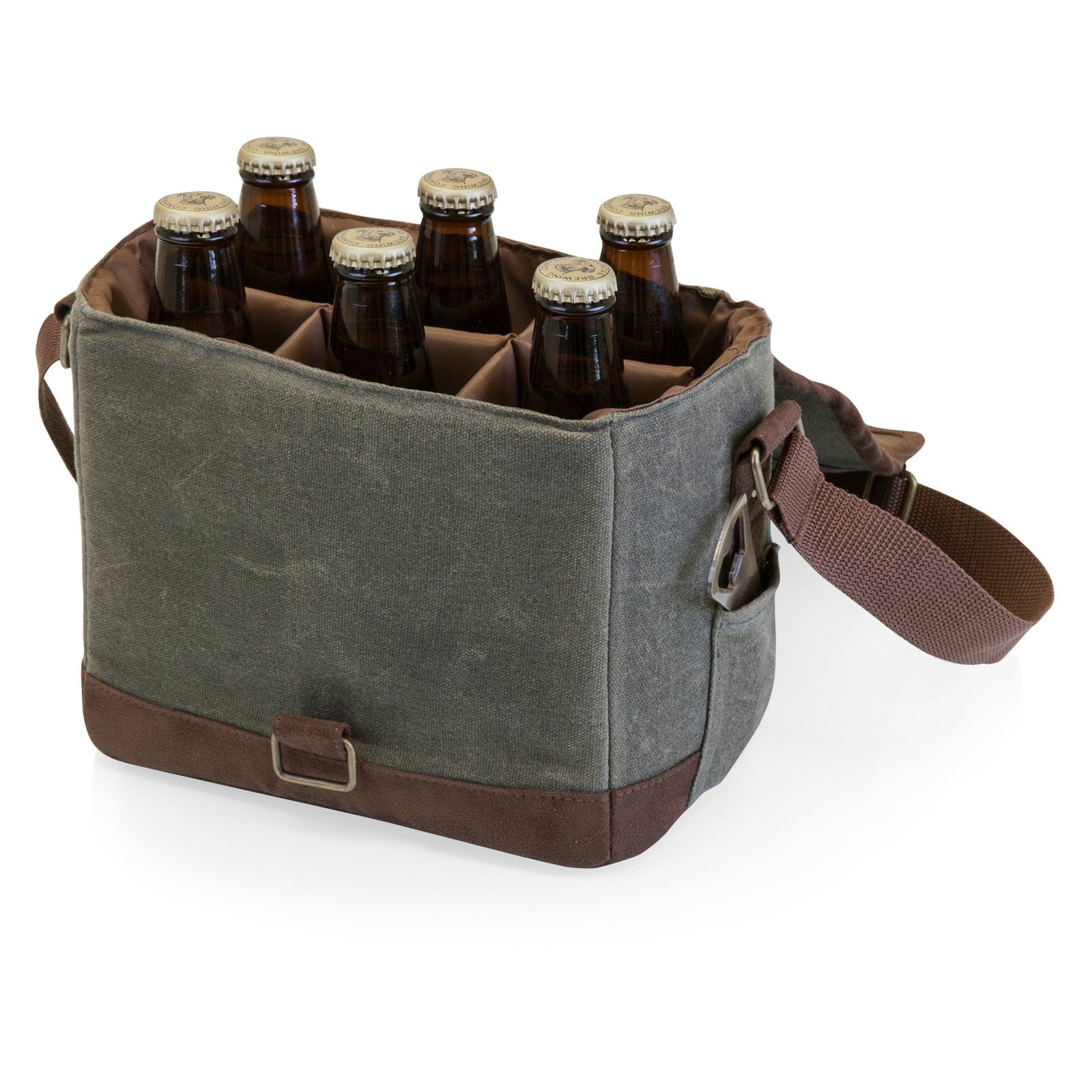 Legacy By Picnic Time Beer Caddy Cooler Tote with Bottle Opener, 6-Pack Beer Gift Bag, Khaki Green with Brown Accents