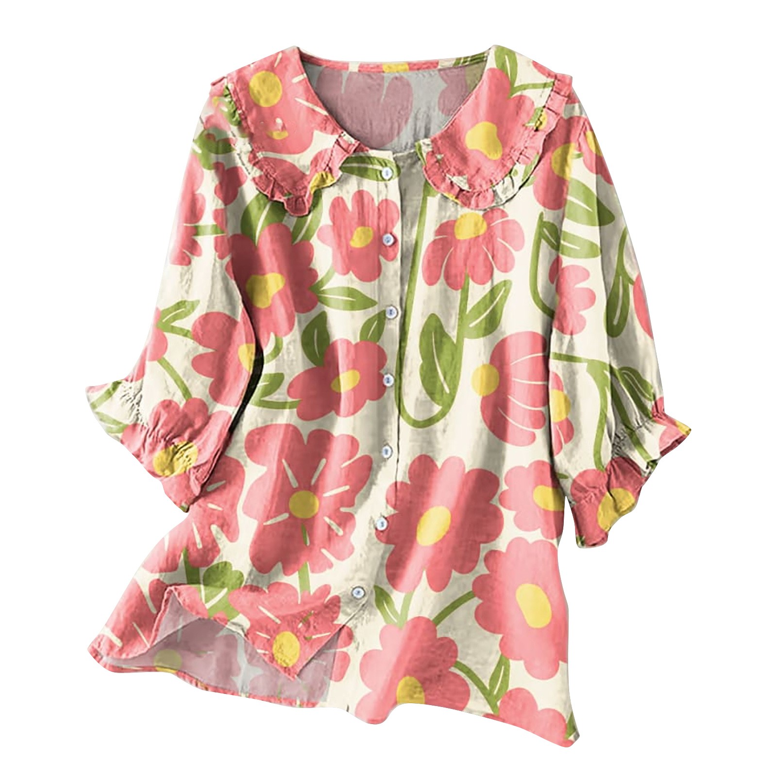KALE 3/4 Length Sleeve Womens Tops Women Vintage Floral Art Print Collar Half Blouses Y2K Clothes Pink S