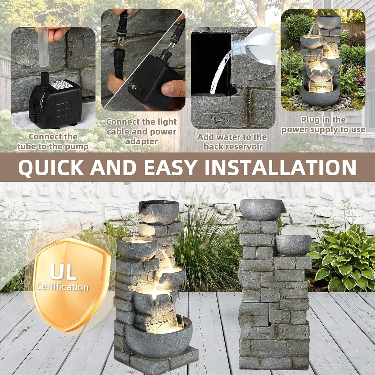 EPICOZY 33" Tall Outdoor Water Fountain, 5 Tier Cascading Bowls and Stacked Stone Wall Waterfall Fountain with Warm LED Lights, Resin Garden Water Feature for Patio, Backyard and Home Art Décor