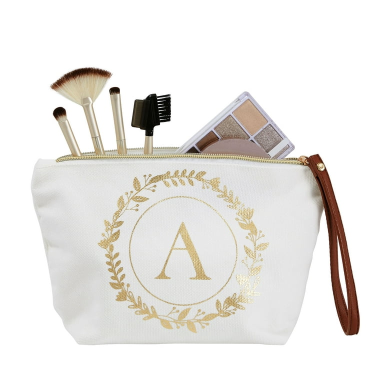 Glamlily Gold Initial A Personalized Makeup Bag for Women, Monogrammed Canvas Cosmetic Pouch (White, 10 x 3 x 6 in)