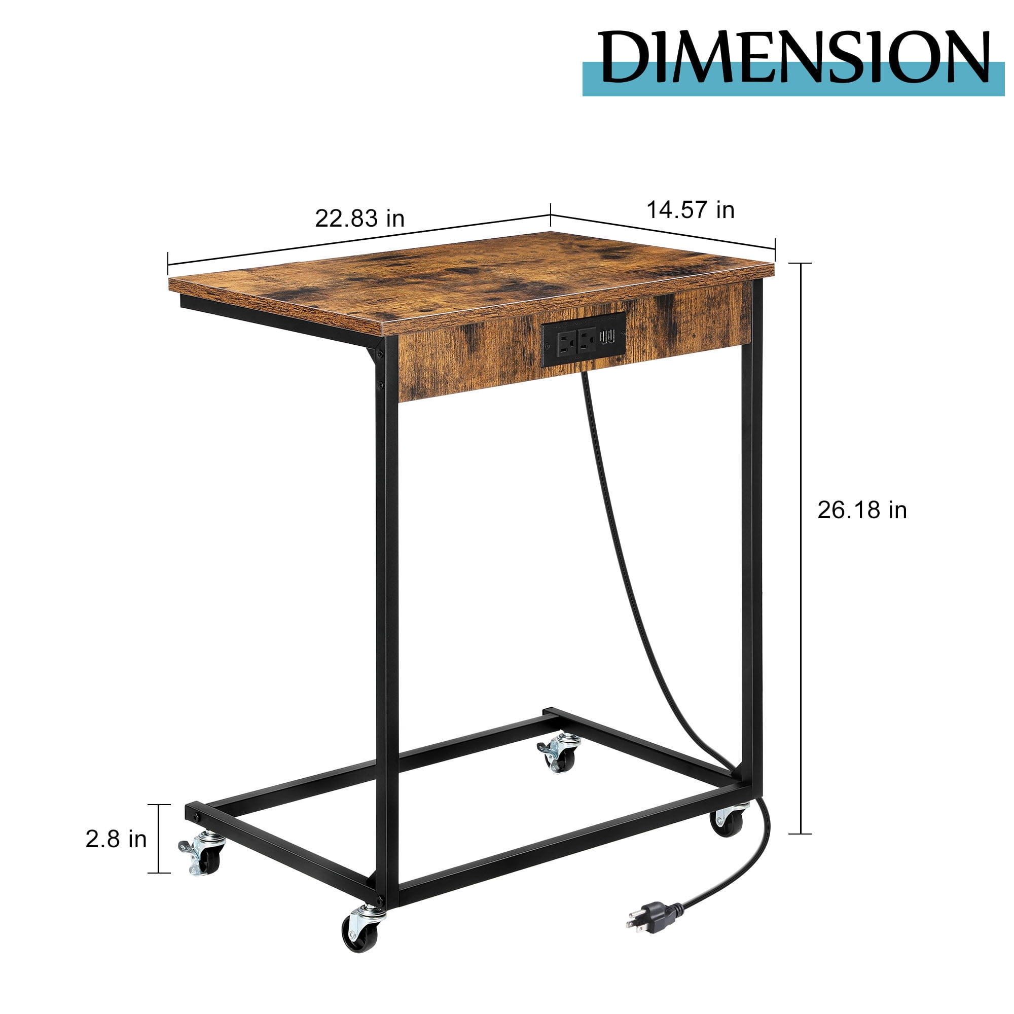 Rolling C‑Shaped Side Table with Charging Station, Mobile Sofa End Table with Lockable Wheels, 2 Pack