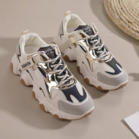 

Women‘s Faux Leather & Mesh Patchwork Low Top Running Shoes Breathable Mesh Lace-Up Chunky Sneakers Women‘s Footwear