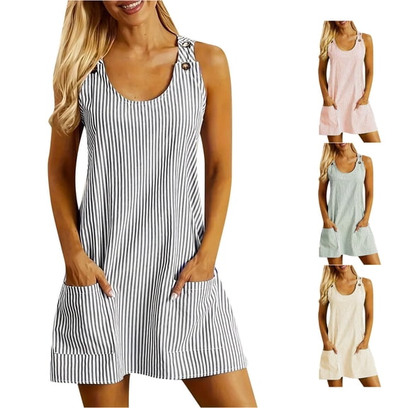 Wxolcjlv Striped Denim Overall Dress for Women Sleeveless Pocket Loose Casual Mini Jumper Dress