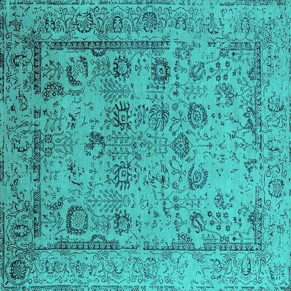 Ahgly Company Indoor Square Oriental Turquoise Blue Industrial Area Rugs, 7' Square