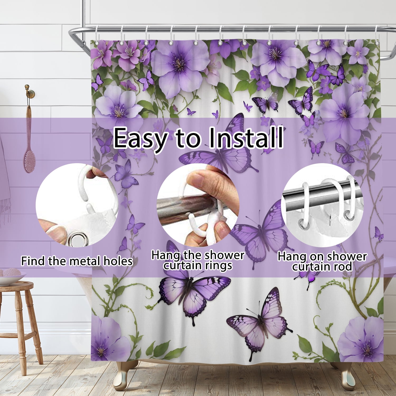 SUNOLIFE Purple Shower Curtain Butterfly Waterproof Fabric Bathroom Shower Curtains, 72x72 in