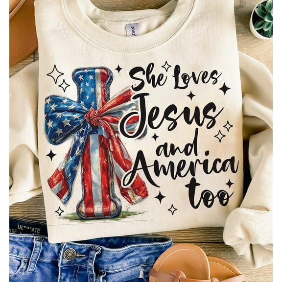 Jesus and America Coquette Sweatshirt, Christian Girly 4th of July Crewneck, Faith-Based Independence Day Pullover BTO