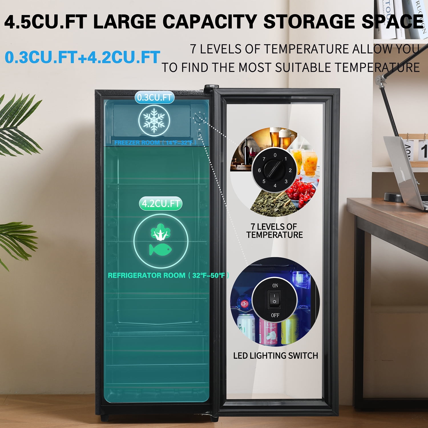 Spaco 4.5Cu.ft Mini Fridge, 0.3Cu.ft Freezer, Up to 94 Cans of Wine, Silent, High-Efficiency and Energy-Saving Compressor, Black Spaco 4.5Cu.ft Mini Fridge, 0.3Cu.ft Freezer, Up to 94 Cans of Wine, Silent, High-Efficiency and Energy-Saving Compressor, Black