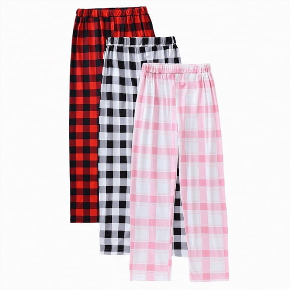 mgoYE Pajama Pants for Gir'ls 3 Pack Long Sleep Plaid Pants Soft Lounge Pj Bottoms with Pockets(Red,8-9 Years)