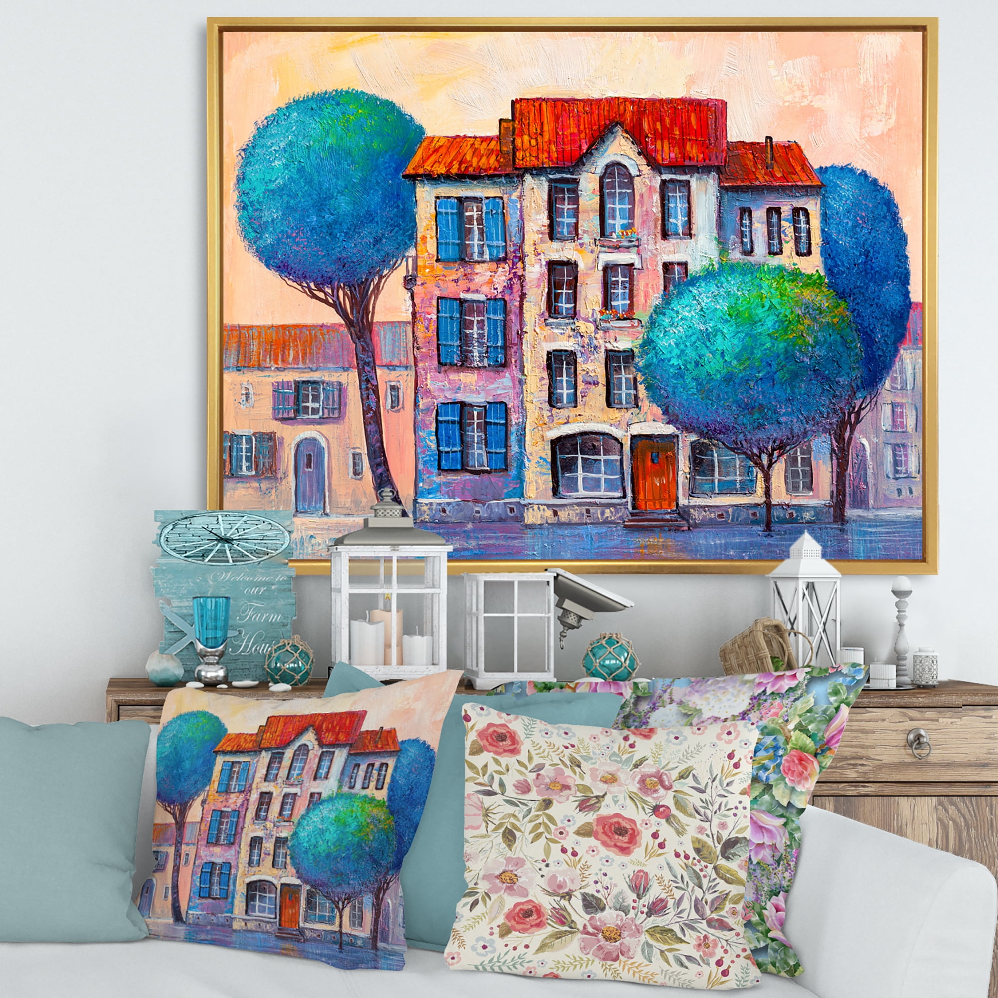 Designart 'Colorful Autumn Trees and A House With Red Roof' Modern Framed Canvas Wall Art Print