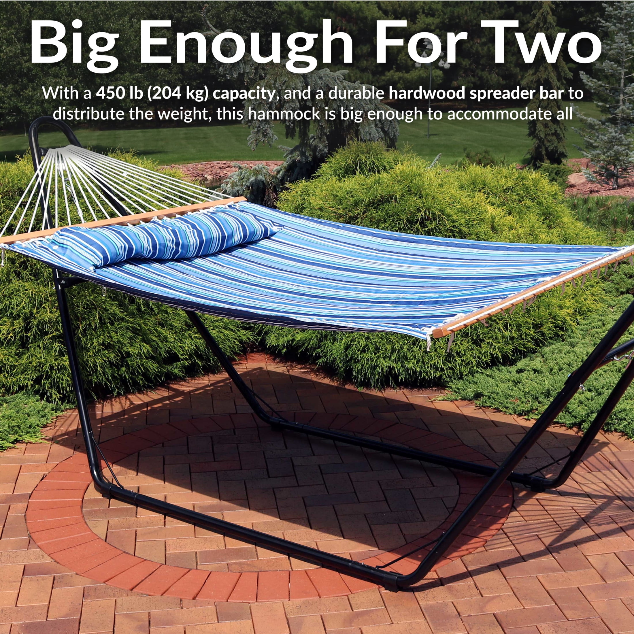 Sunnydaze 2-Person Quilted Polyester Spreader Bar Hammock, 450 lb Capacity - Breakwater Stripe