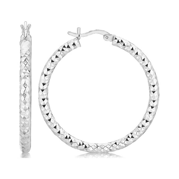 Sterling Silver Faceted Motif Large Hoop Earrings with Rhodium Plating